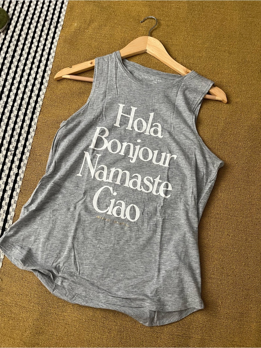 YOGA Shirt, Grey Graphic Muscle Tank Top - Hola Bonjour Namaste Ciao Sz S